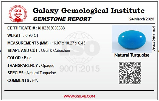 Certified Clean Blue Turquoise - 6.90ct - Oval Cabochon Cut
