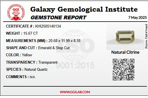 Natural Citrine - 15.67ct - Emerald Cut