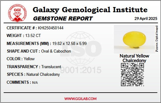 Certified Natural Yellow Agate(Chalcedony) - 13.52ct - Oval Cabochon Cut