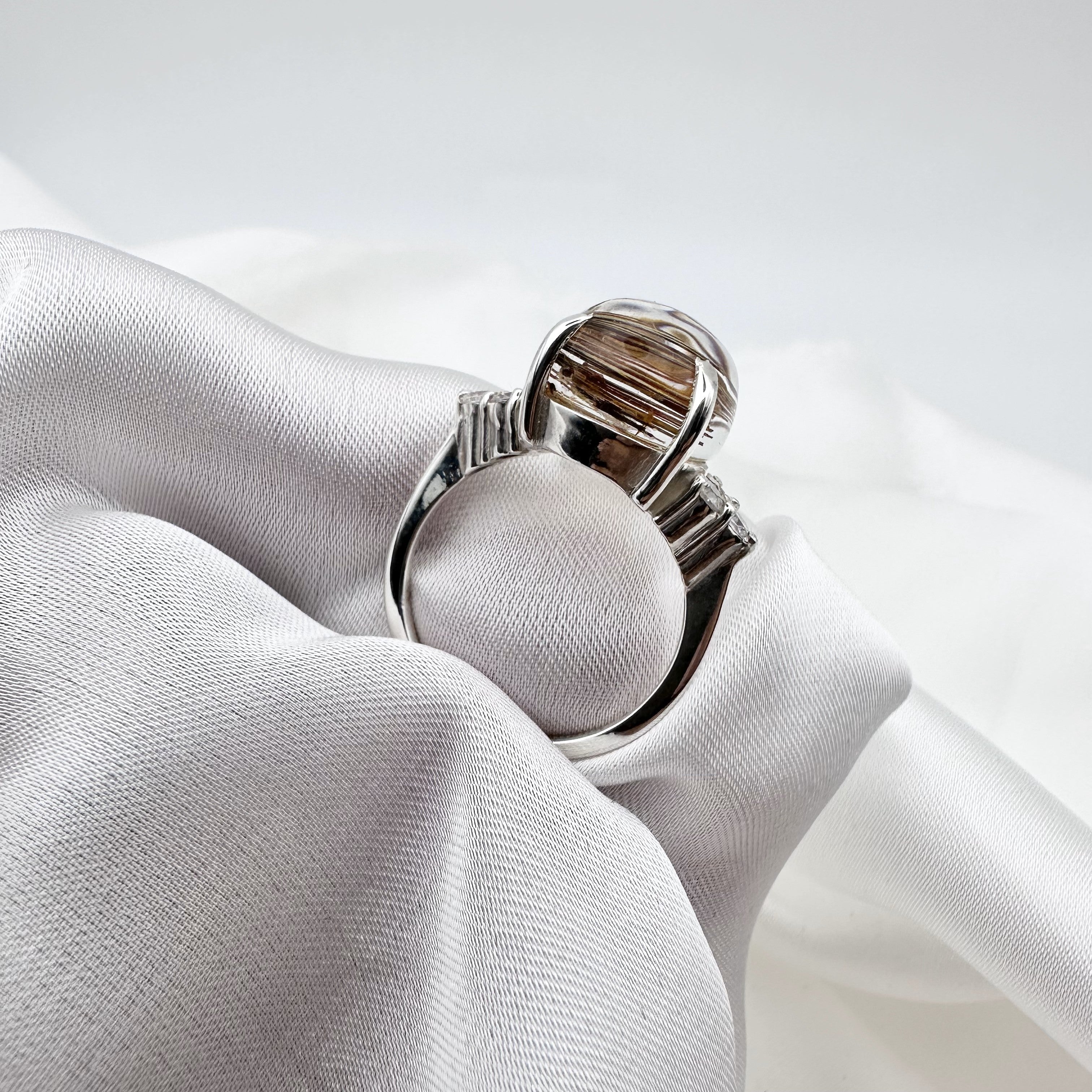 Golden Rutile Quartz Cabochon- 925 Sterling Silver Ring - Size 15