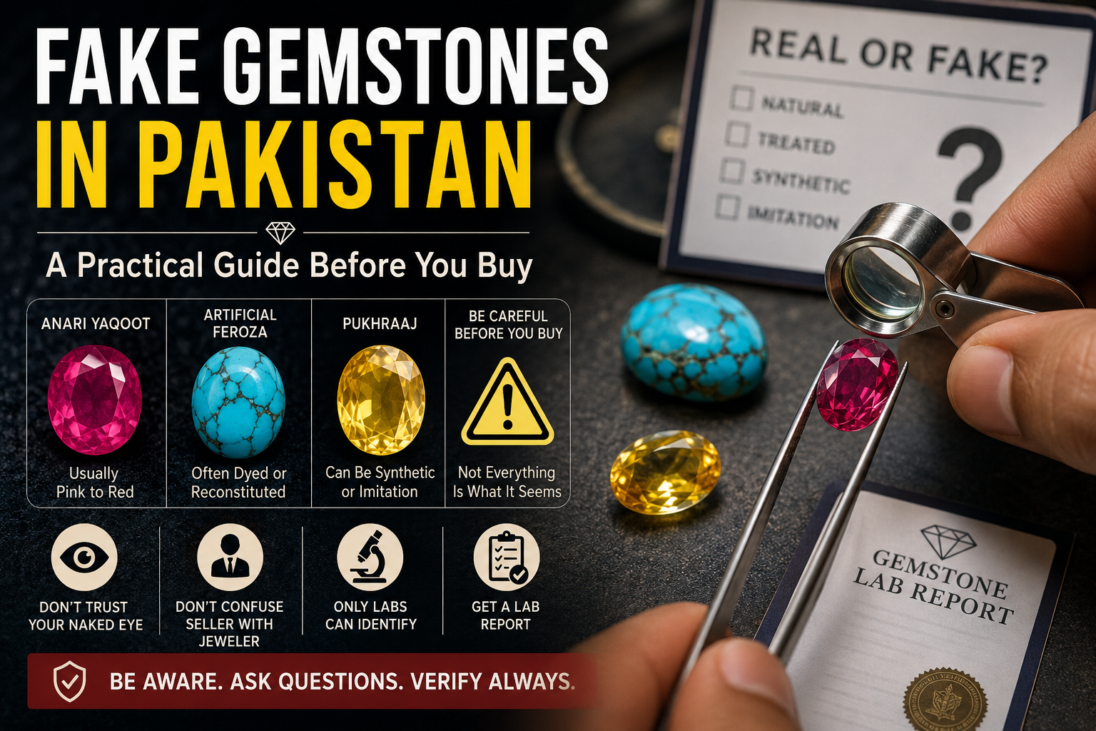 Fake gemstones in Pakistan practical buying guide featuring Anari Yaqoot, Feroza and Pukhraj